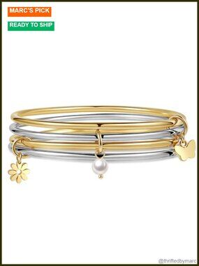 18K Real Gold Plated Stainless Steel Charm Bangle Bracelet Set Stackable